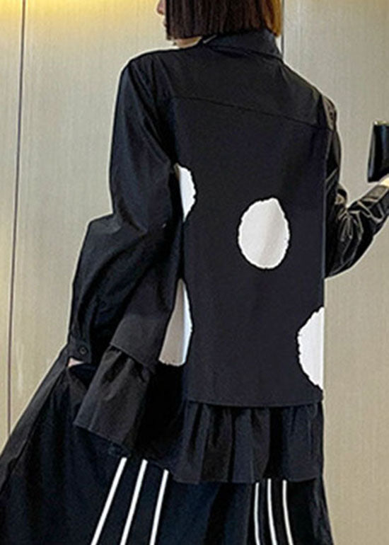 Modern Black Low High Design Peter Pan Collar Dot Patchwork Shirt Tops Spring