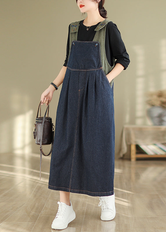 Navy Button Wrinkled Denim Long Dress Sleeveless