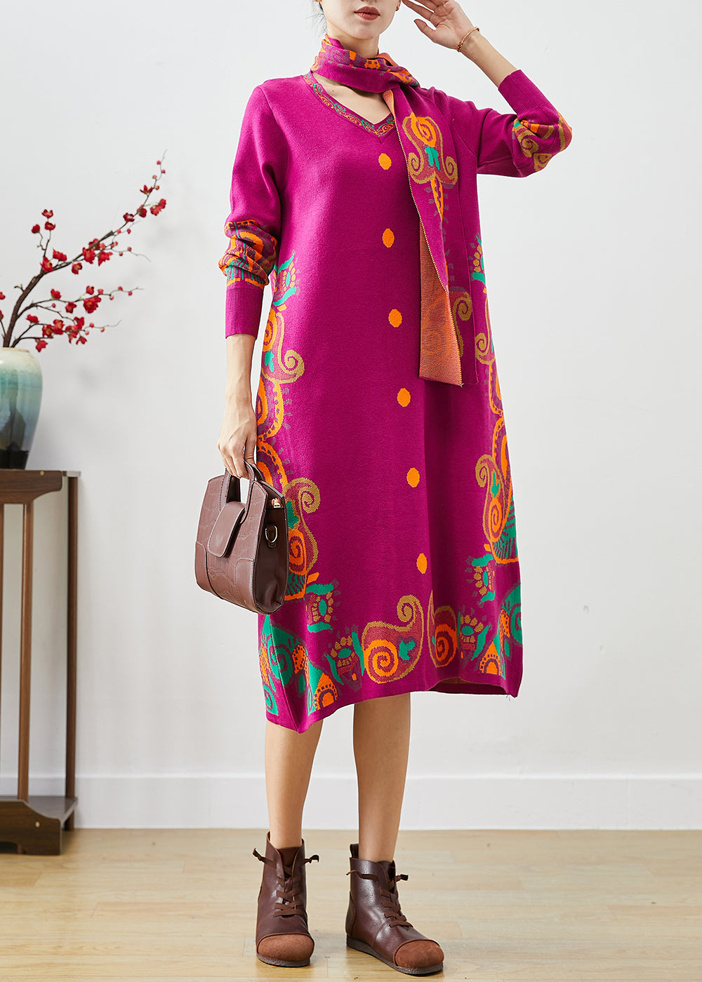 Rose Print Complimentary Scarf Knit Dress Fall