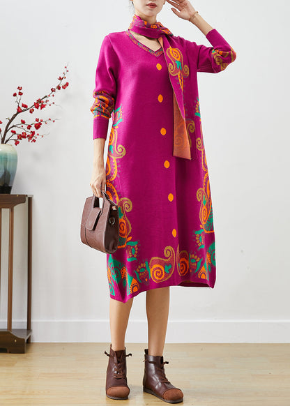 Rose Print Complimentary Scarf Knit Dress Fall