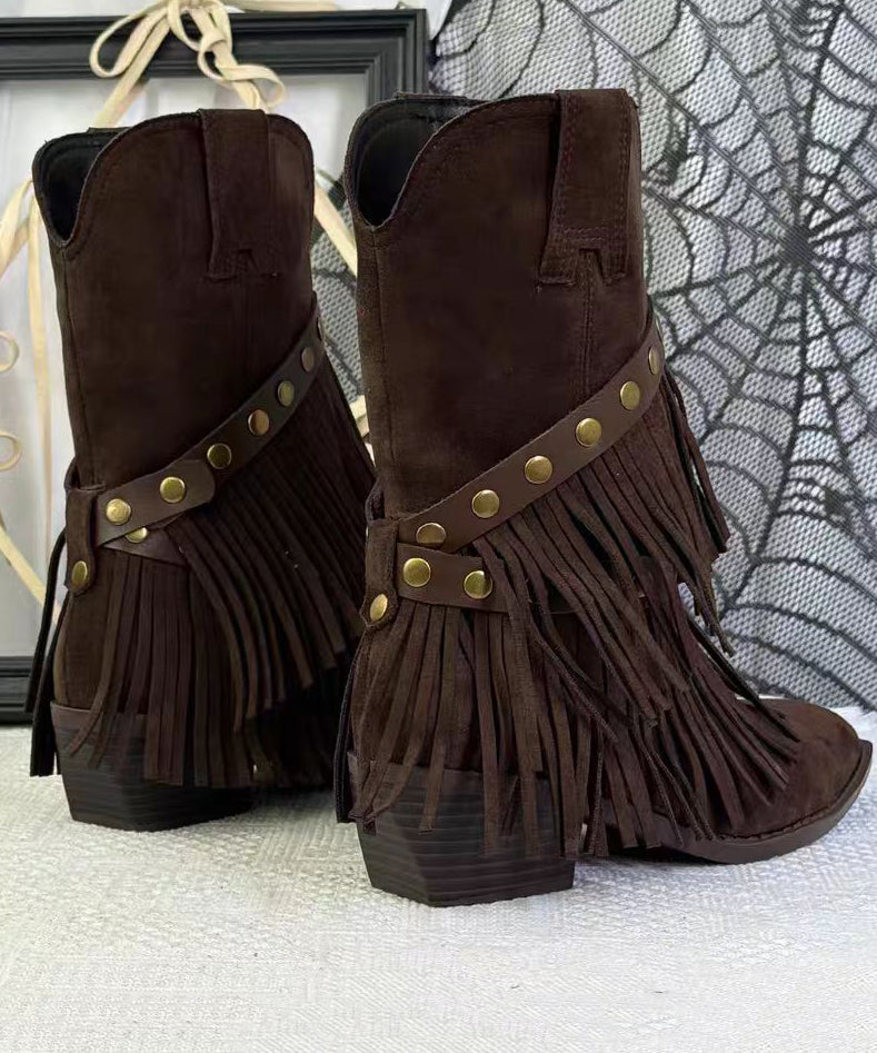 Khaki Suede Tassel Splicing Boots Pointed Toe