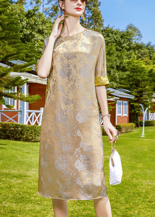Purple Jacquard O-neck Print Silk Chinese Style Dress Half Sleeve