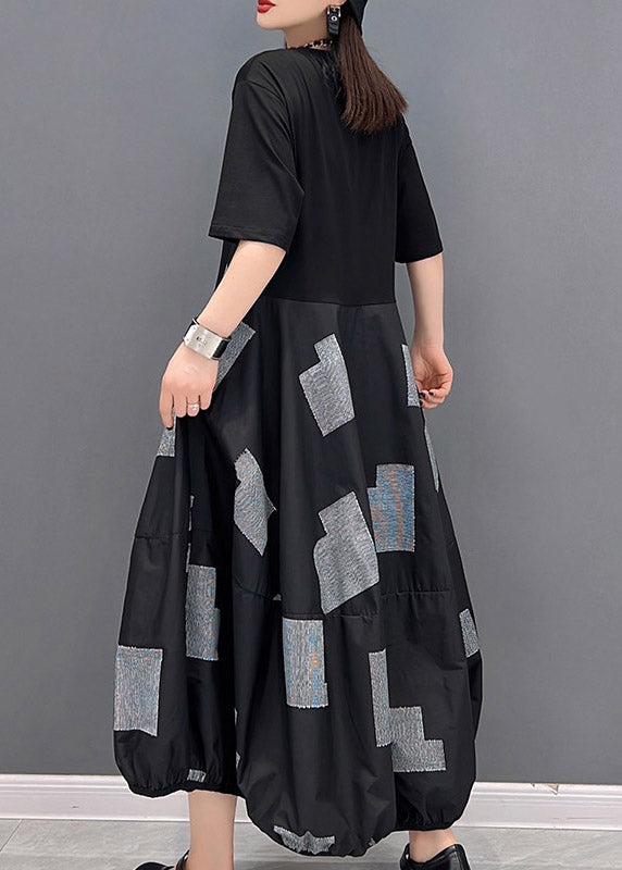 Vogue Black O-neck Print Patchwork Long Dress Short Sleeve
