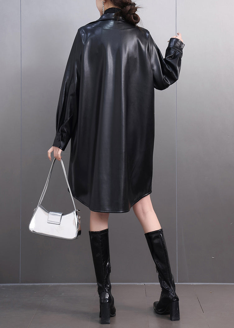 Original Black Peter Pan Collar Pockets Pu Trench Coats Fall