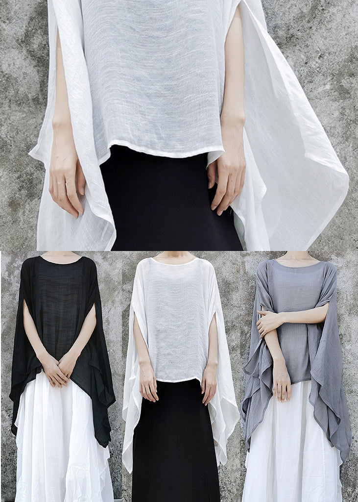 Black Baggy Linen Upf 50+ Tops Asymmetrical Batwing Sleeve