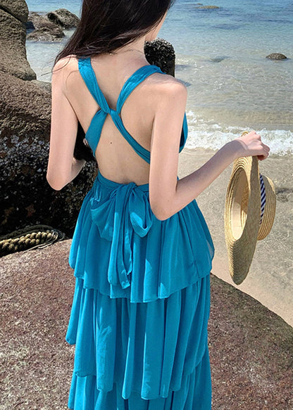 Beach Red V Neck Halter Backless Maxi Cake Dress Sleeveless