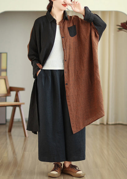 Stand Collar Patchwork Button Long Shirts Long Sleeve