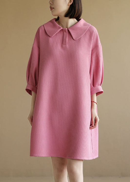 Pink Peter Pan Collar Plaid Cotton a Line Dresses Bracelet Sleeve