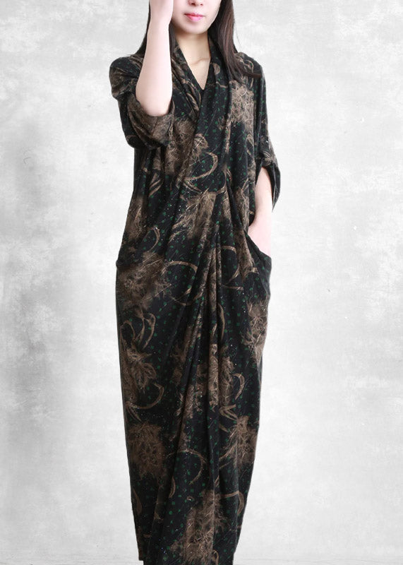 Retro V Neck Asymmetrical Print Pockets Draping Silk Dress Half Sleeve