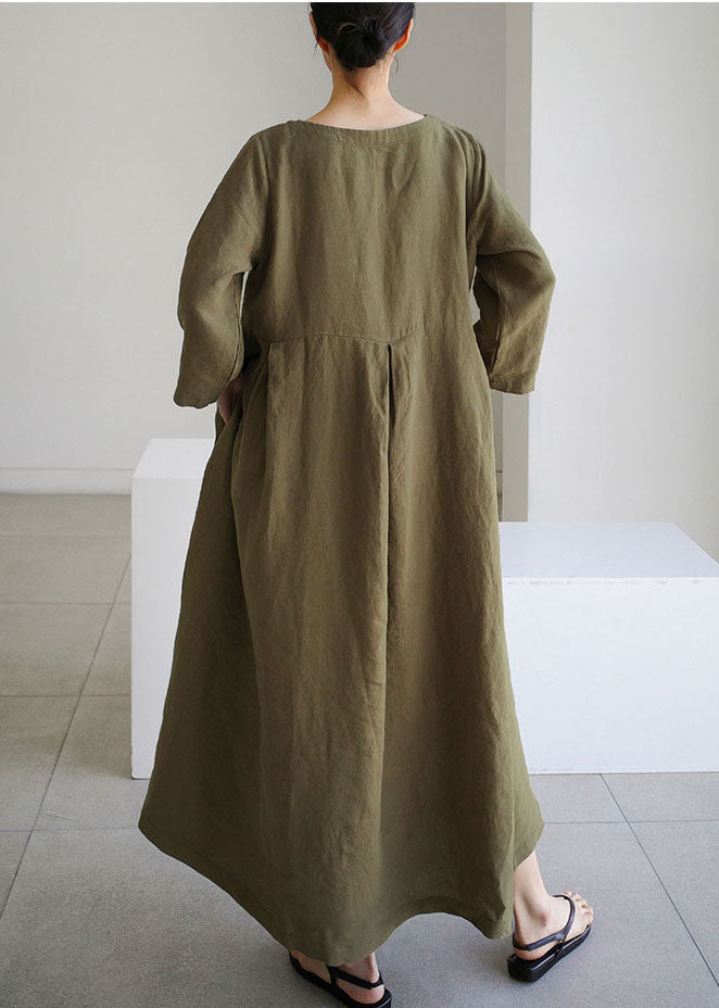 Organic Army Green O-neck Loose Cotton Dress Spring