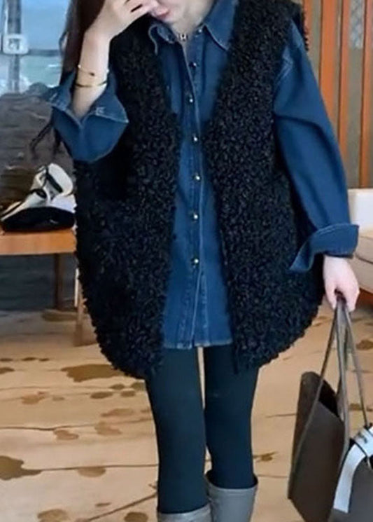 Art Black V Neck Teddy Faux Fur Black Waistcoat and Shirts Two Piece Set Fall