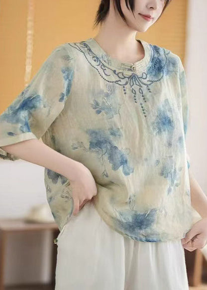 Art Blue Mandarin Collar Print Linen Top Summer