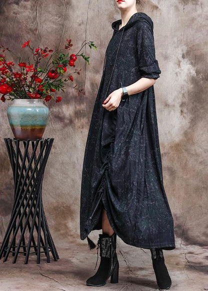 Unique Dark Green Print Outfit Hoodie Dress Asymmetric Maxi Dress