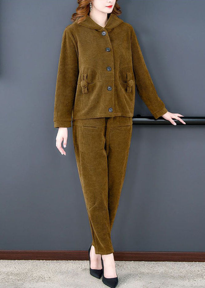 Boutique Yellow Hooded Pockets Corduroy Coats and Pants Two Pieces Set Long Sleeve