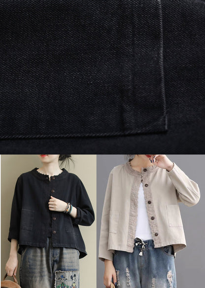 Black Button Embroidered Fall Denim Coat