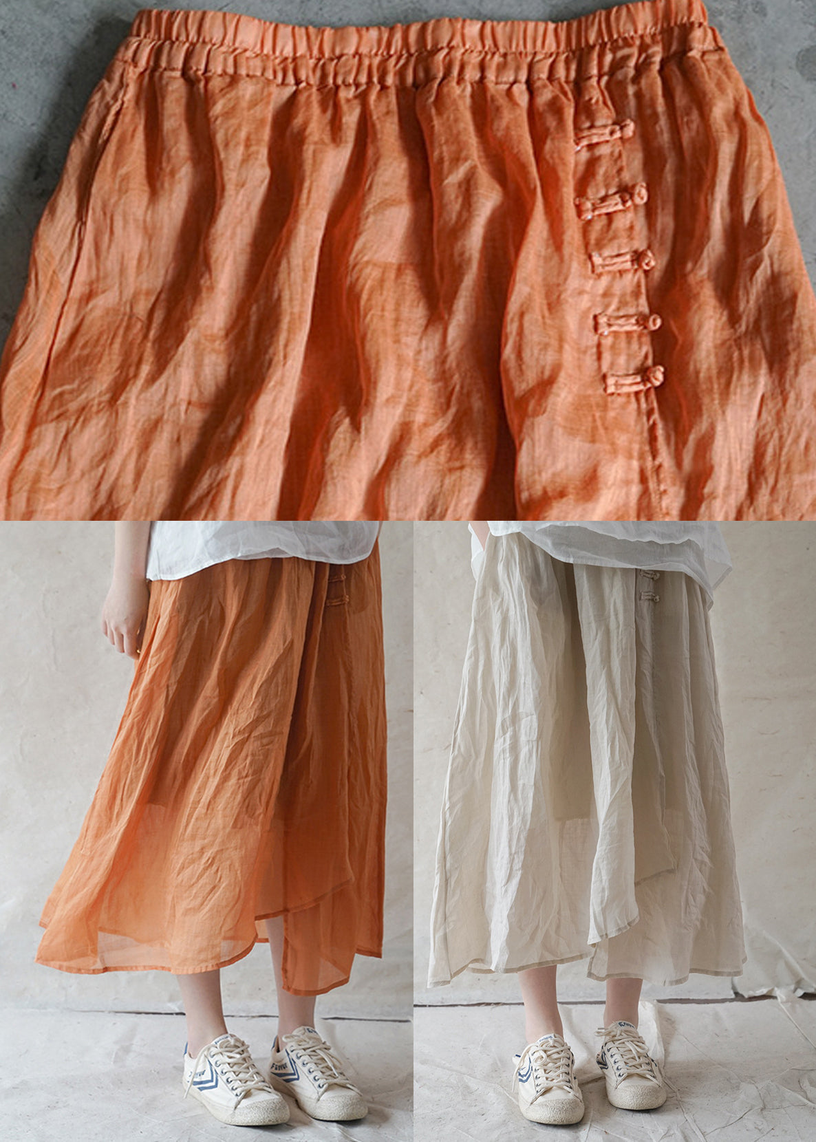 Style Orange Elastic Waist Button Asymmetrical Linen Skirts Spring