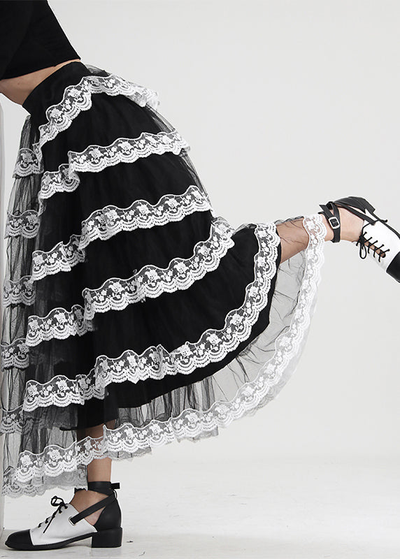 Black Ruffled Patchwork Tulle Skirt Spring