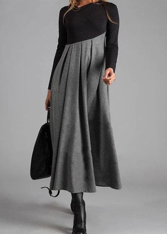 Grey Wrinkled Patchwork Woolen Long Dress Spring