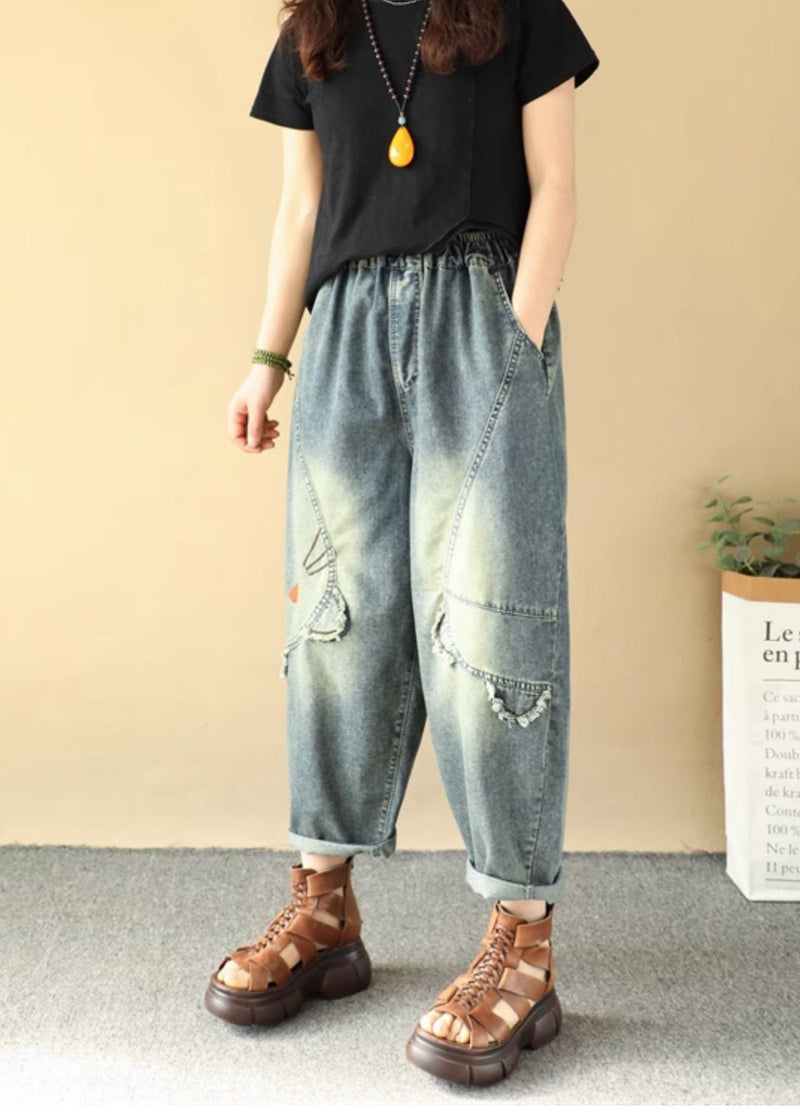 Blue Cartoon Embroidered Denim Pants Summer