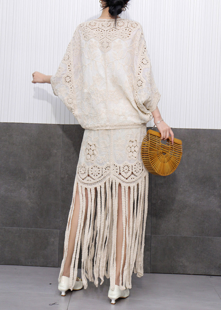 Beige Hollow Out Tassel Knit Cardigans and Maxi Skirts Two Pieces Set Fall