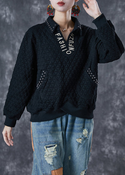 Black Letter Embroideried Rivet Cotton Pullover Sweatshirt Fall