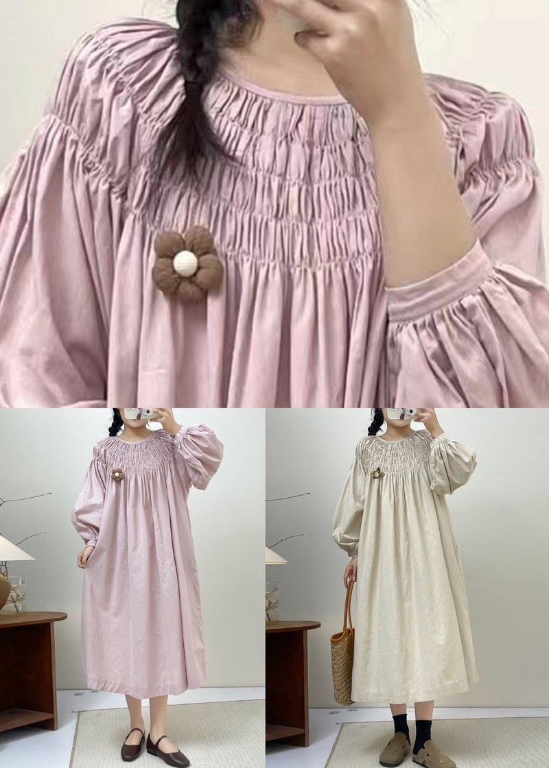 Beige Cotton Dresses Lace Up Long Sleeve