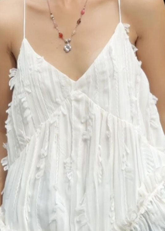 White V Neck Patchwork Cotton Spaghetti Strap Tops Summer