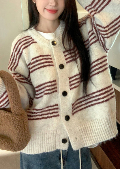 Natural Red Striped O-neck Cotton Knit Cardigan Long Sleeve