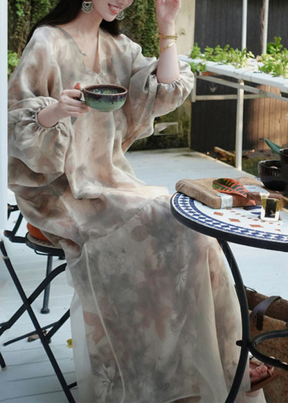 V Neck Print Patchwork Party Long Dress Spring