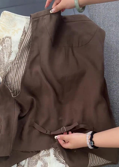 French Coffee Button Waistcoat and Print Skirts Cotton Two Pieces Set Sleeveless