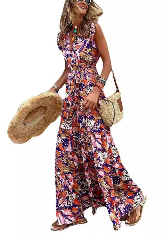 Print Tie Waist Cotton Long Dress Sleeveless