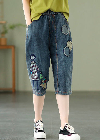 Blue Embroidered Print Elastic Waist Denim Crop Pants Summer