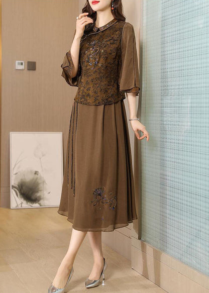 Coffee Peter Pan Collar Embroideried Silk Two Piece Set Summer
