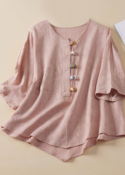 Blue O Neck Chinese Button Jacquard Linen Shirt Summer