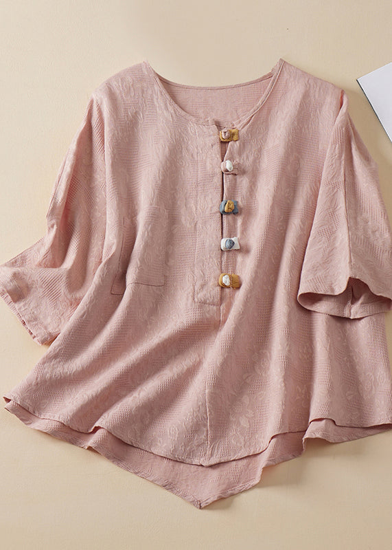Blue O Neck Chinese Button Jacquard Linen Shirt Summer