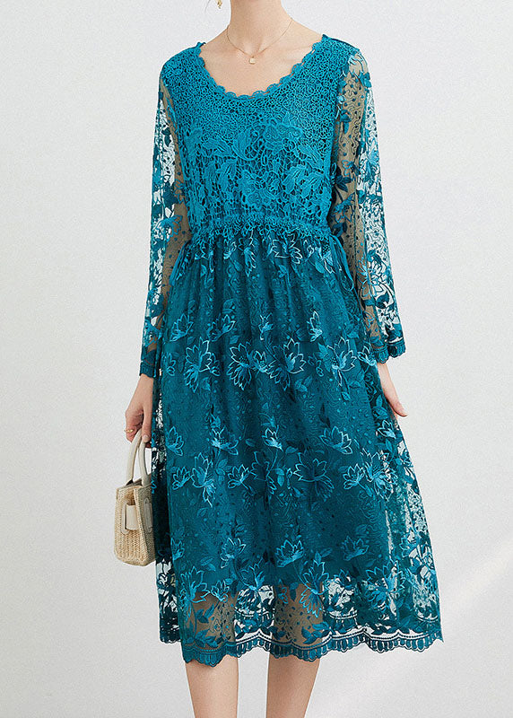 Blue O Neck Embroideried Patchwork Long Dresses Spring