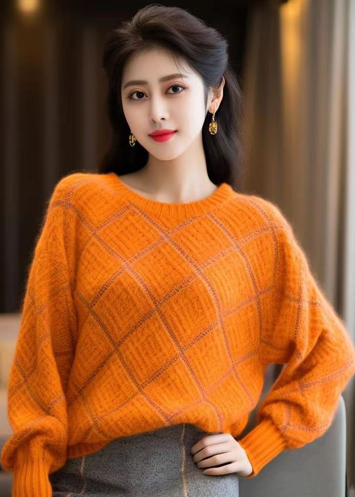 Orange O Neck Patchwork Cozy Cotton Knit Sweaters Winter