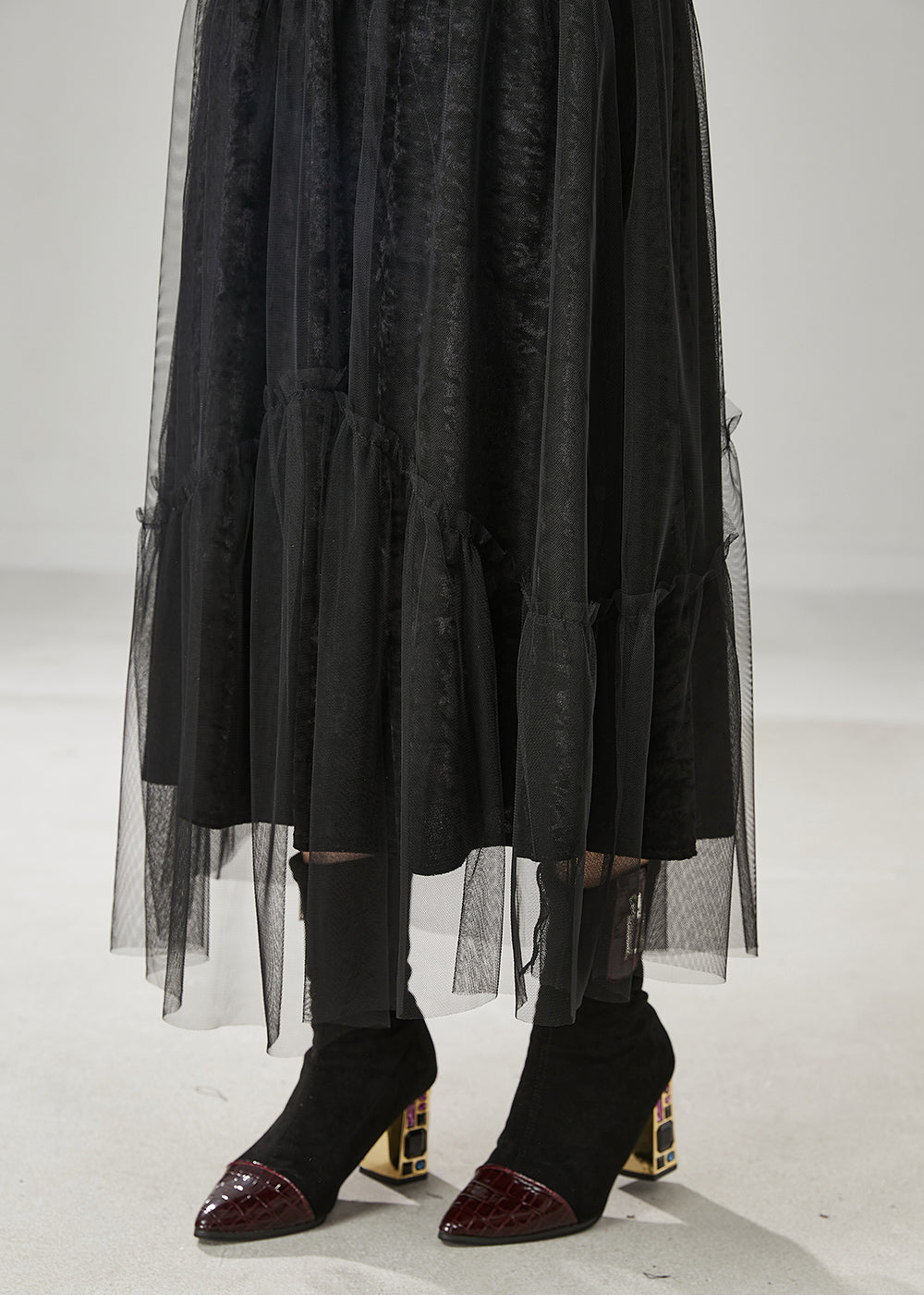 Italian Black Elastic Waist Tulle a Line Skirt Spring