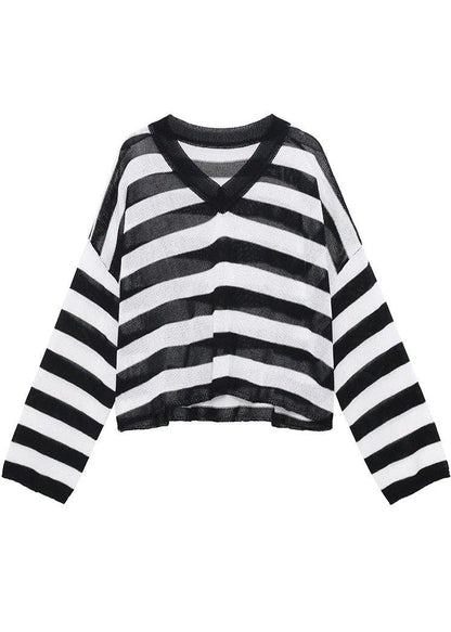 Green Striped V Neckknit Fabric Shirt Summer