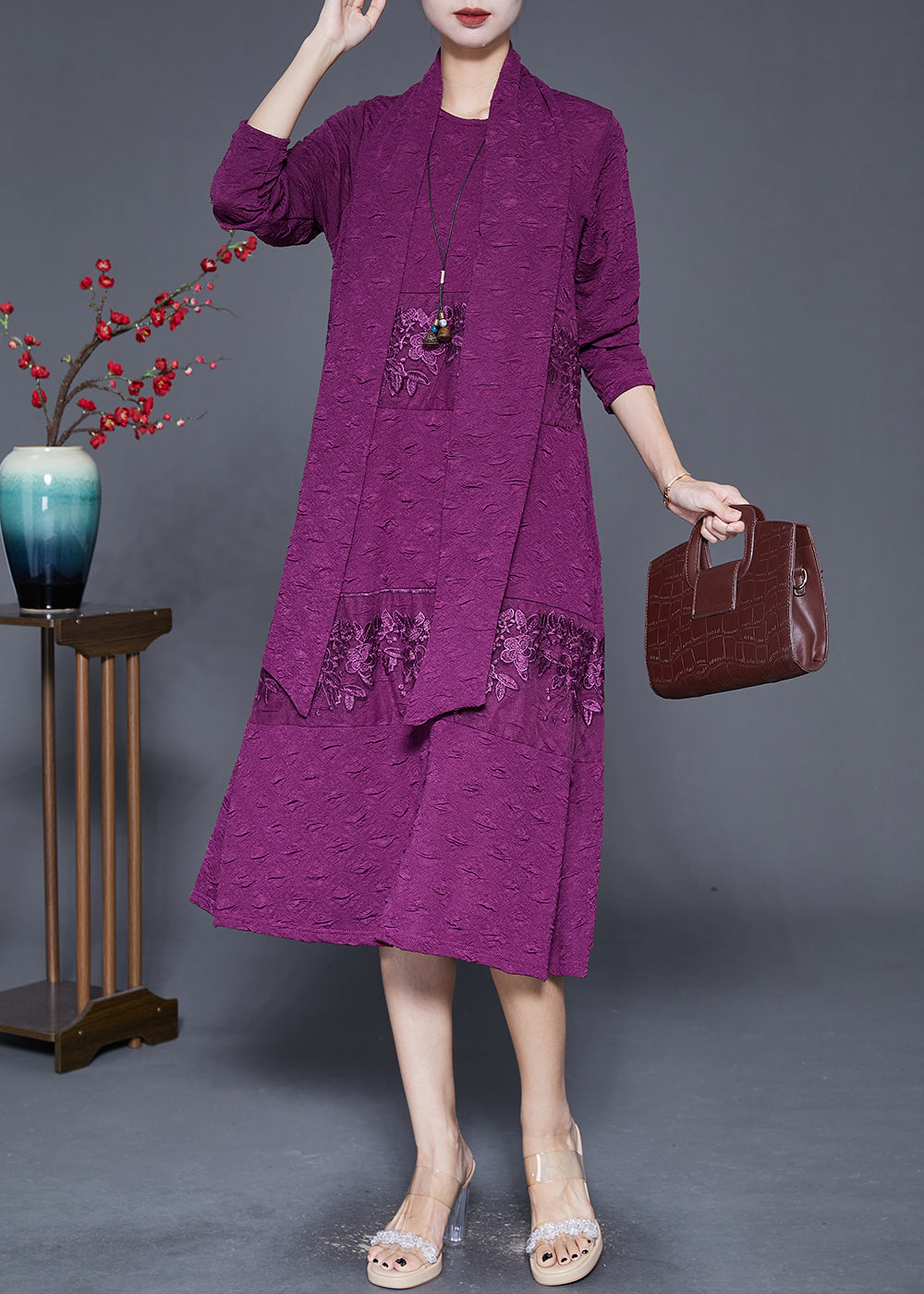 Purple Embroideried Patchwork Scarf Long Dress Fall