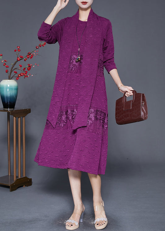 Purple Embroideried Patchwork Scarf Long Dress Fall