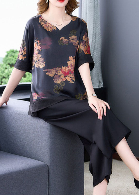 Handmade Black O-neck Asymmetrical Patchwork Print Silk Two Pieces Set Batwing Sleeve