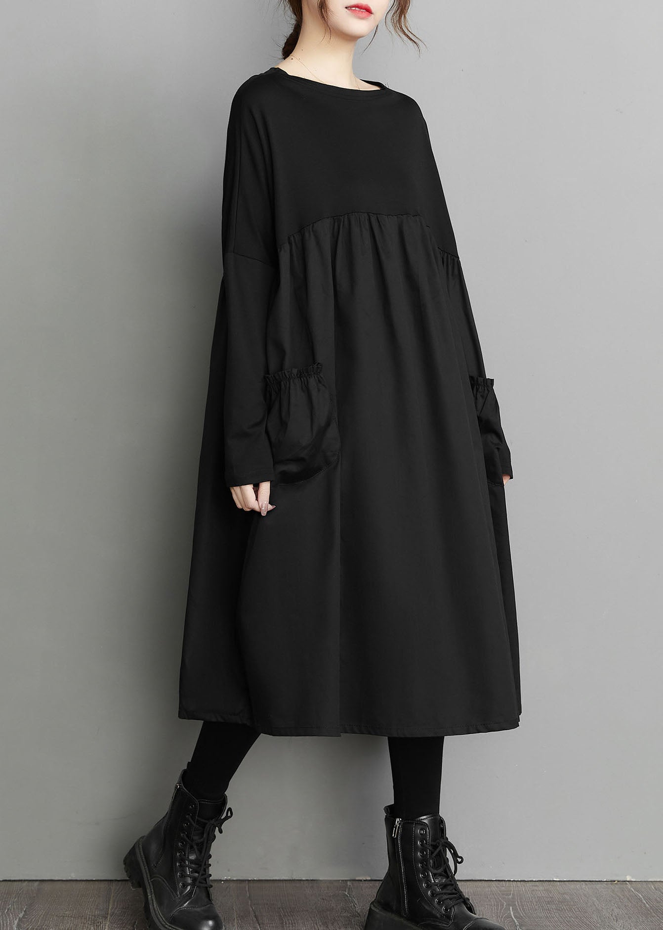 Organic Black Patchwork Wrinkled Pockets Cotton Dresses Spring