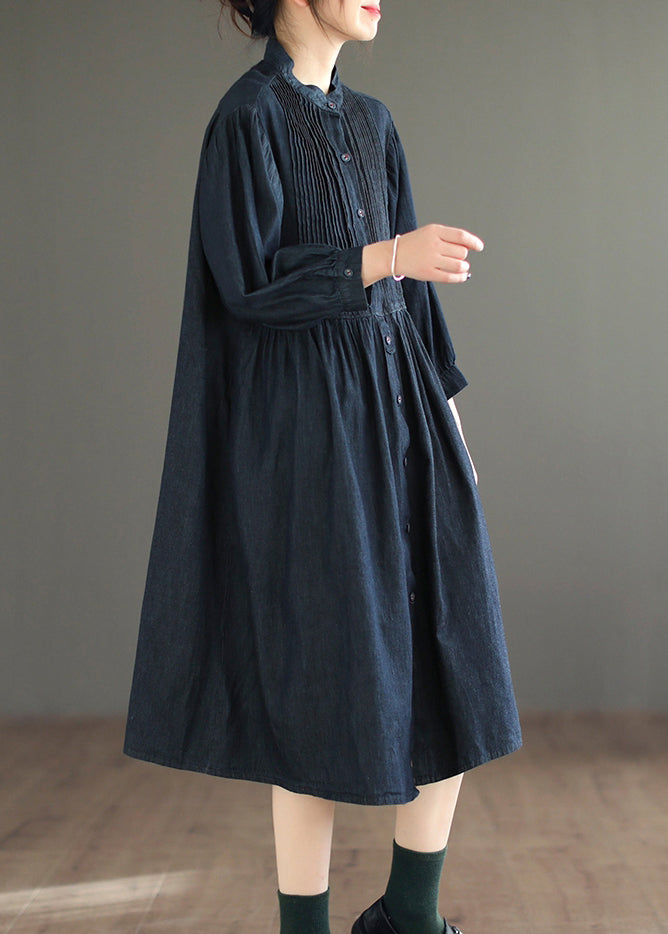 Navy Button Denim Blouses Dresses O Neck Long Sleeve