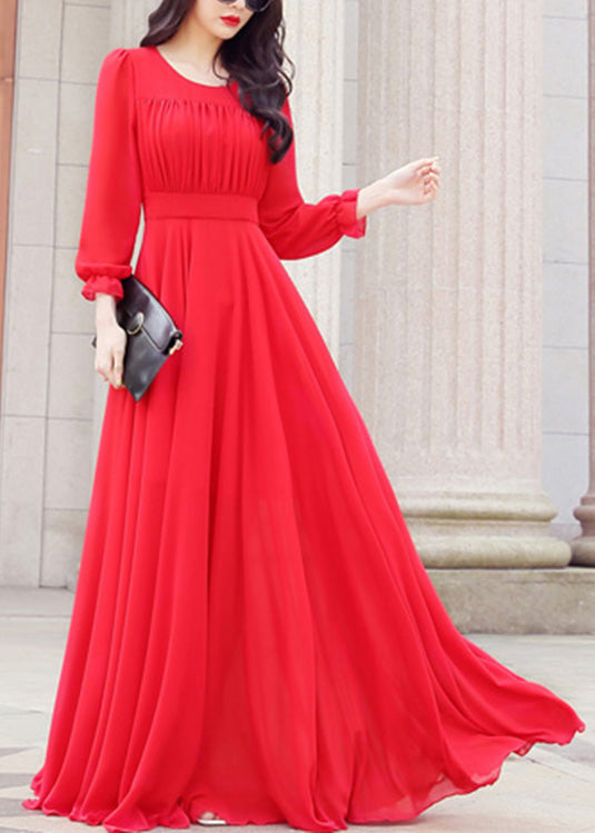 Unique Red O-neck Slim Chiffon Maxi Dress Spring