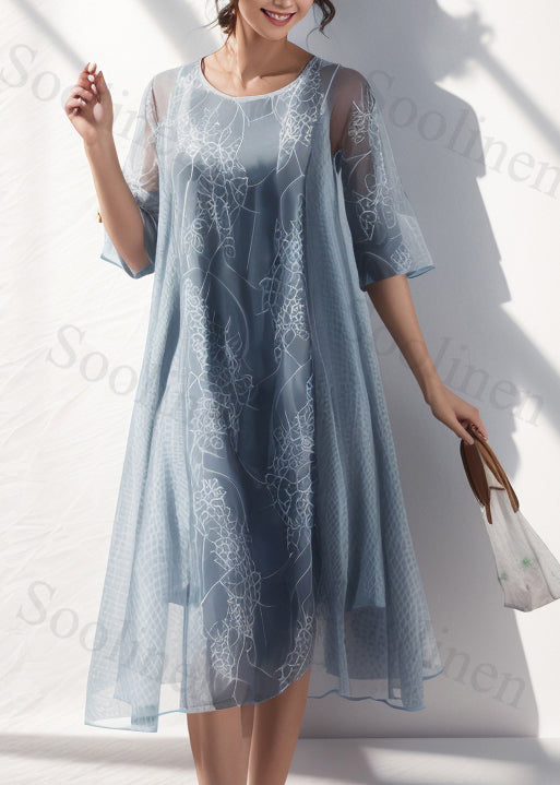 Light Blue O Neck Print Silk Dresses Summer