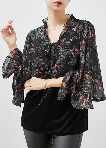 Black Print Ruffled Patchwork Velour Chiffon Shirt Spring