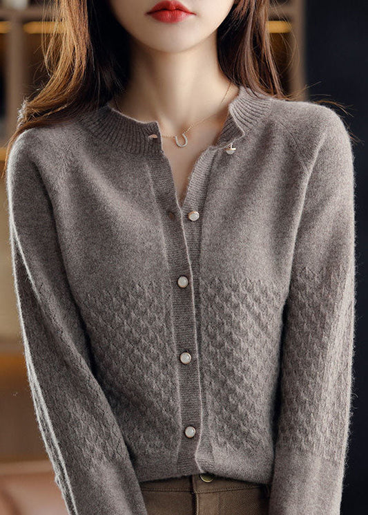 Dark Camel O-neck Button Slim Fit Knit Cardigan Winter