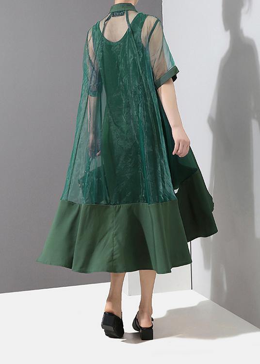 Two Pieces Summer Green Midi Transparent Mesh Dress Set