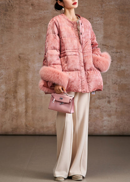 Pink Jacquard Patchwork Fox Hair Duck Down Silk Puffer Coat Winter